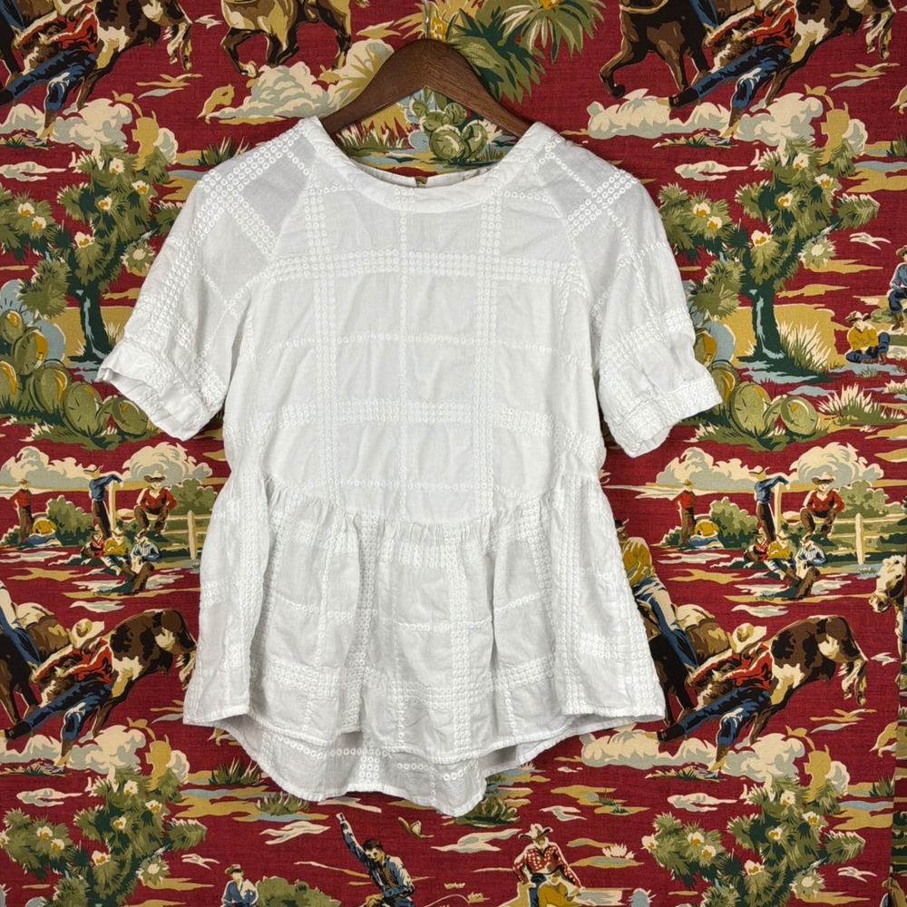 Orange Creek Top Women Medium White Excellent Eyelet Peplum Short Sleeve Blouse